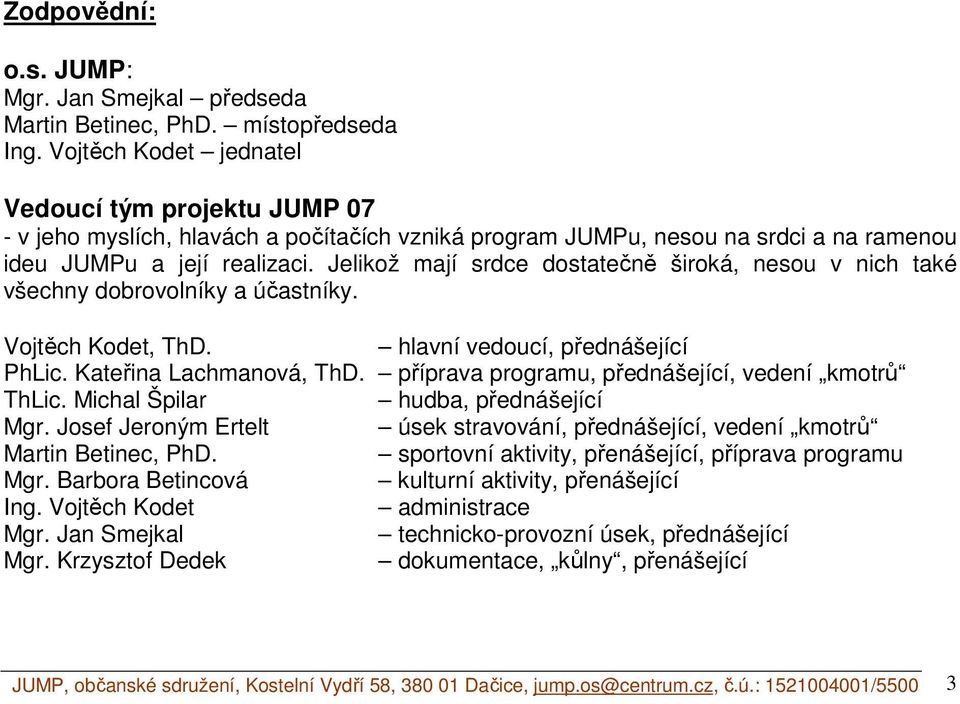 Jelikož mají srdce dostatečně široká, nesou v nich také všechny dobrovolníky a účastníky. Vojtěch Kodet, ThD. hlavní vedoucí, přednášející PhLic. Kateřina Lachmanová, ThD.