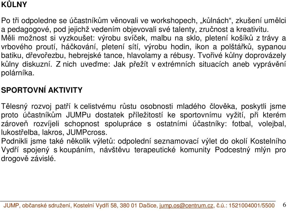 tance, hlavolamy a rébusy. Tvořivé kůlny doprovázely kůlny diskuzní. Z nich uveďme: Jak přežít v extrémních situacích aneb vyprávění polárníka.