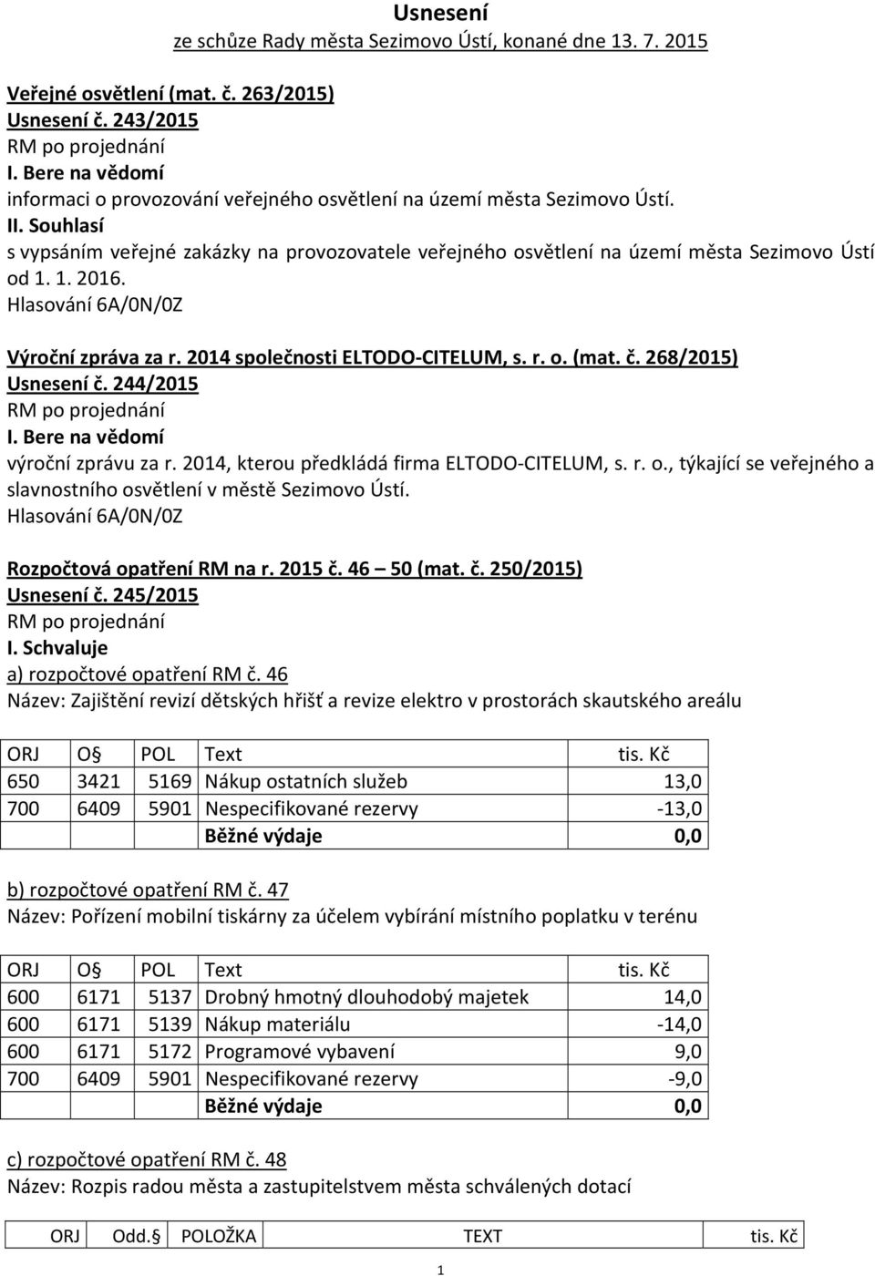 1. 2016. Výroční zpráva za r. 2014 společnosti ELTODO-CITELUM, s. r. o. (mat. č. 268/2015) Usnesení č. 244/2015 I. Bere na vědomí výroční zprávu za r. 2014, kterou předkládá firma ELTODO-CITELUM, s.