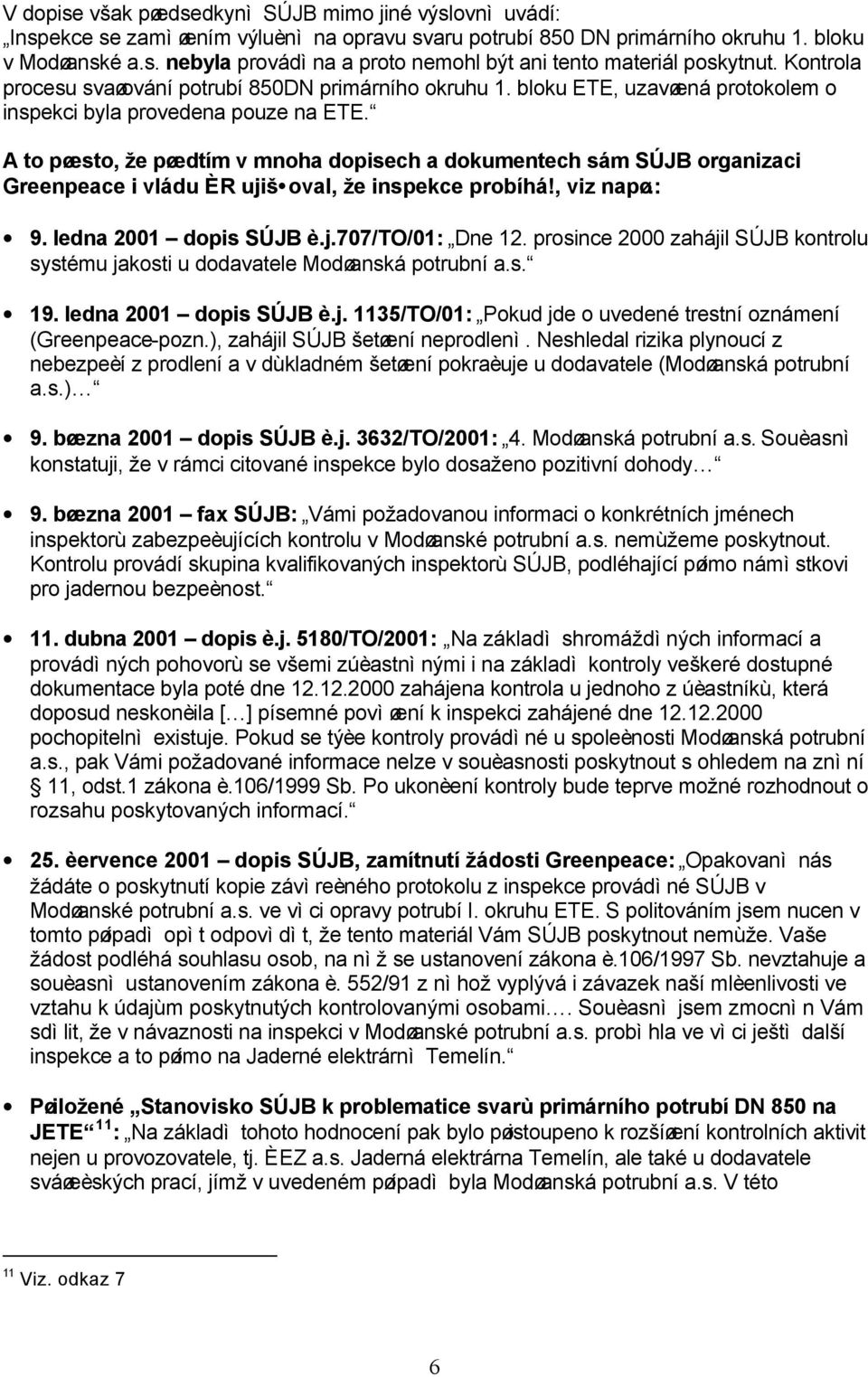 A to pøesto, že pøedtím v mnoha dopisech a dokumentech sám SÚJB organizaci Greenpeace i vládu ÈR ujiš oval, že inspekce probíhá!, viz napø.: 9. ledna 2001 dopis SÚJB è.j.707/to/01: Dne 12.