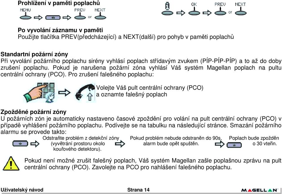 Pokud je narušena požární zóna vyhlásí Váš systém Magellan poplach na pultu centrální ochrany (PCO).