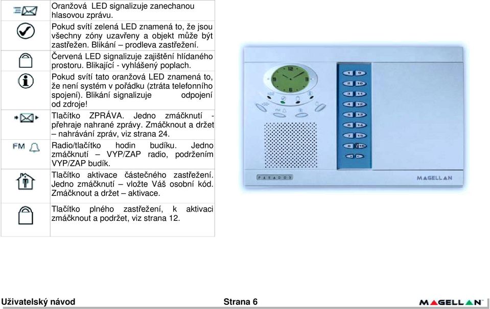 Blikání signalizuje odpojení od zdroje! Tla$ítko ZPRÁVA. Jedno zmá$knutí - p!ehraje nahrané zprávy. Zmá$knout a držet nahrávání zpráv, viz strana 24. Radio/tla$ítko hodin budíku.