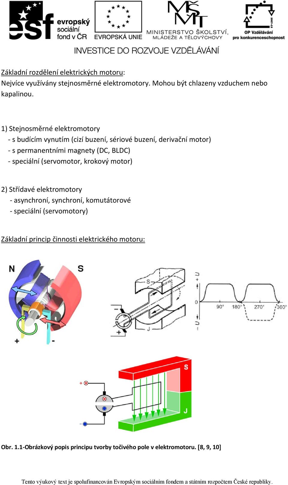 BLDC) speciální (servomotor, krokový motor) 2) Střídavé elektromotory asynchroní, synchroní, komutátorové speciální