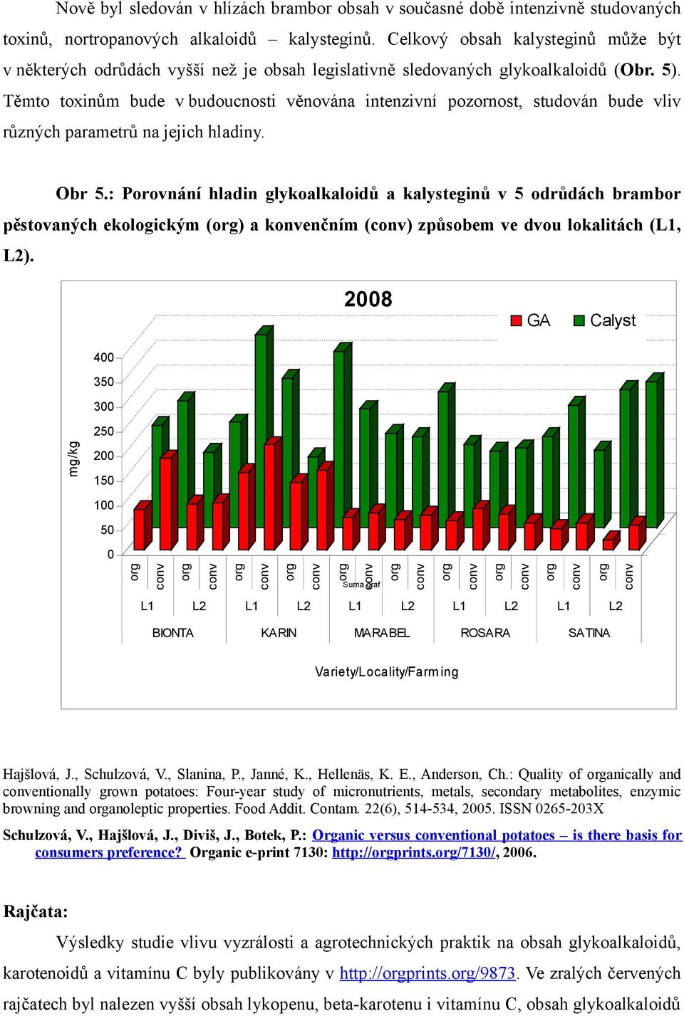 Těmto toxinům bude v budoucnosti věnována intenzivní pozornost, studován bude vliv různých parametrů na jejich hladiny. Obr 5.