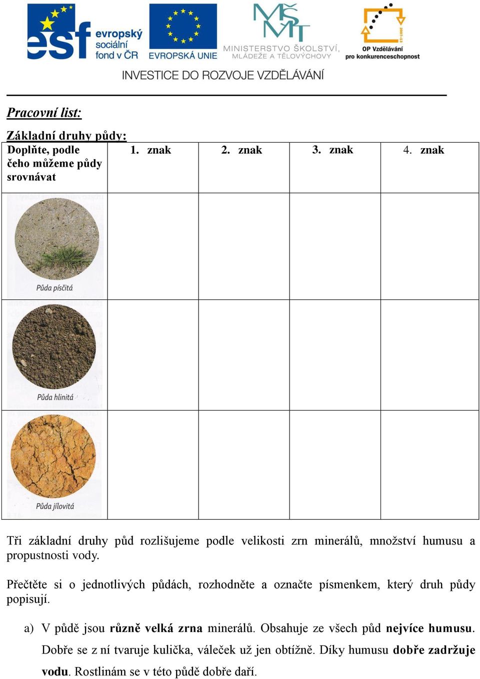 Přečtěte si o jednotlivých půdách, rozhodněte a označte písmenkem, který druh půdy popisují.