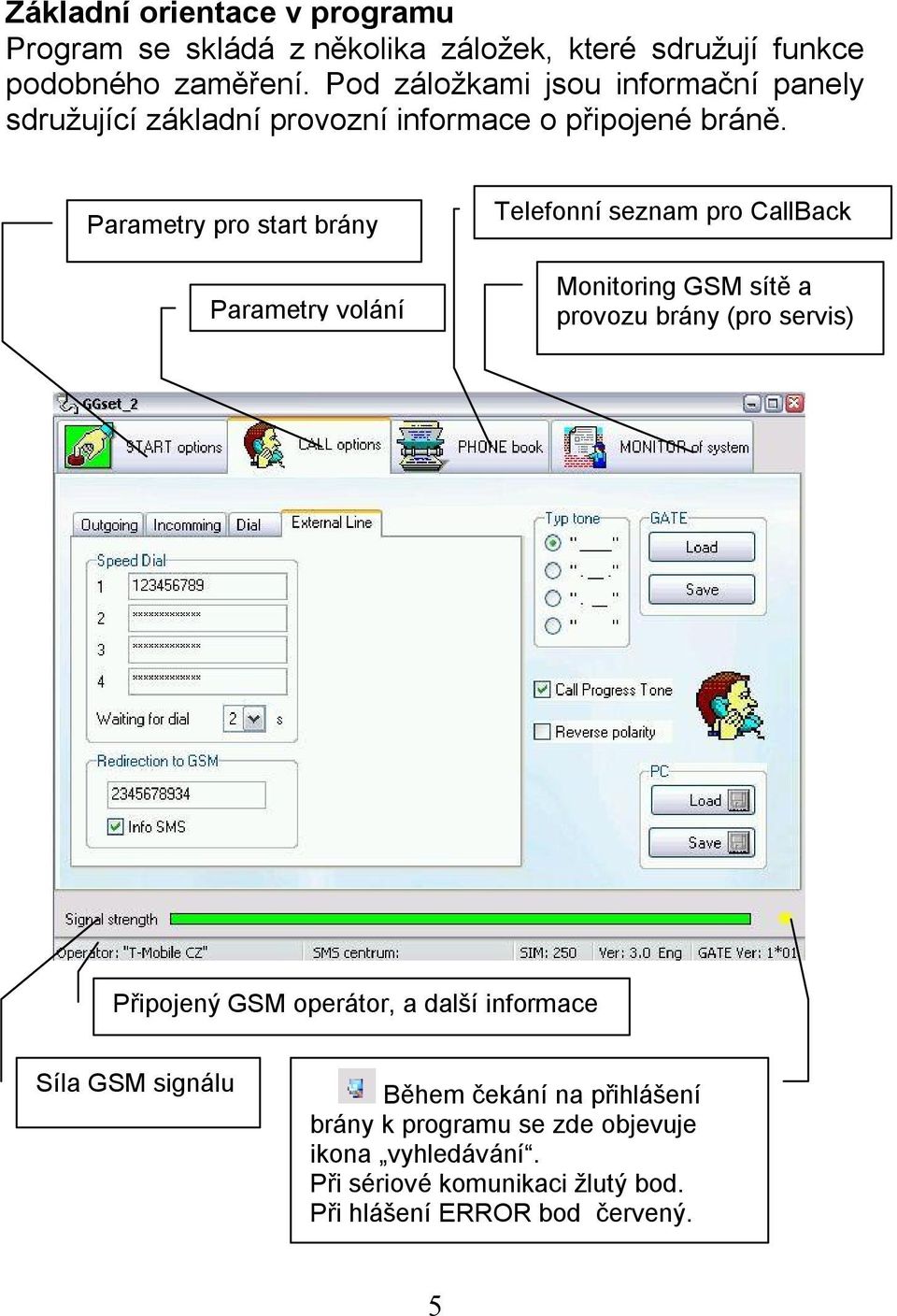 Parametry pro start brány Parametry volání Telefonní seznam pro CallBack Monitoring GSM sítě a provozu brány (pro servis) Připojený