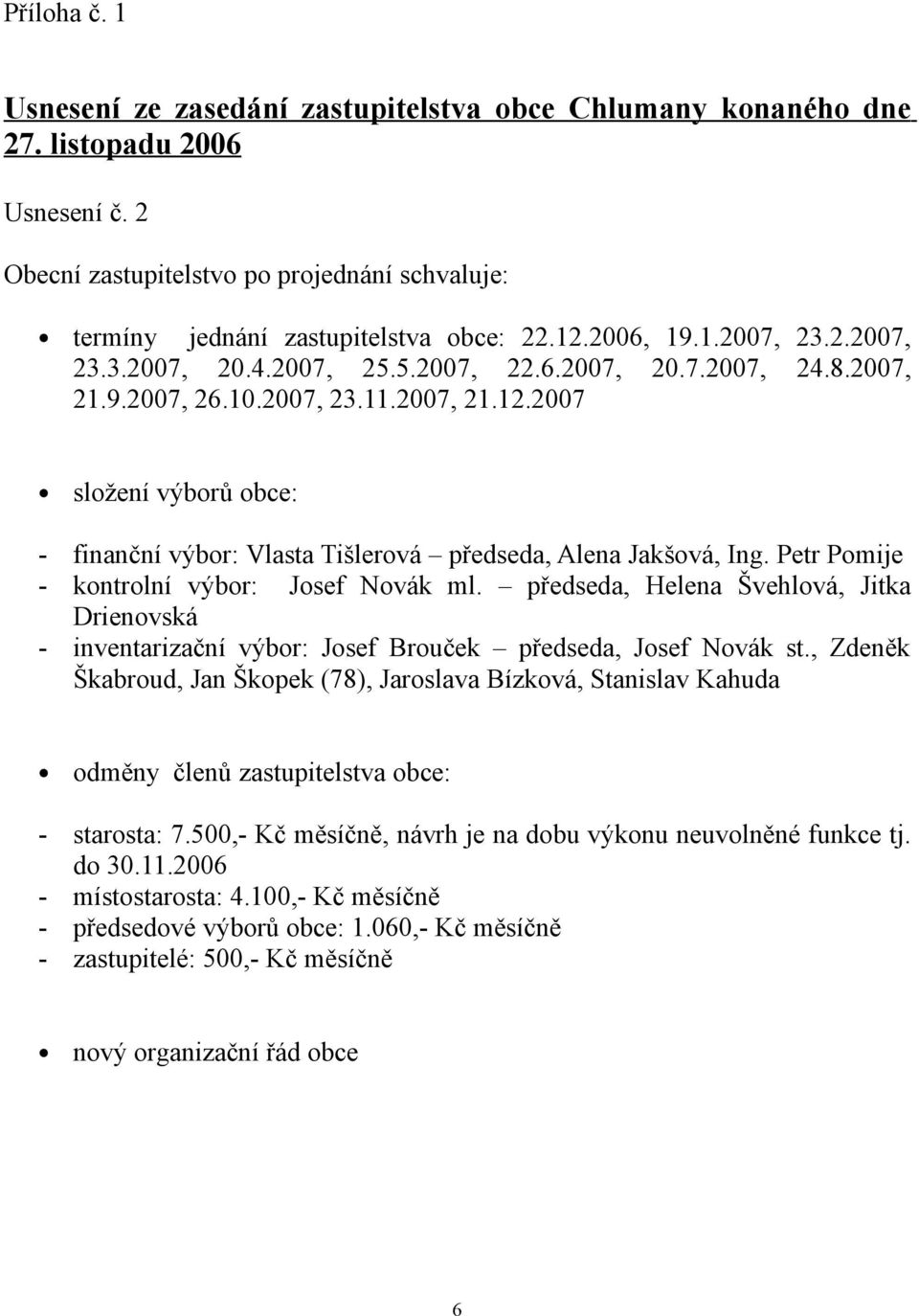 2007 složení výborů obce: - finanční výbor: Vlasta Tišlerová předseda, Alena Jakšová, Ing. Petr Pomije - kontrolní výbor: Josef Novák ml.