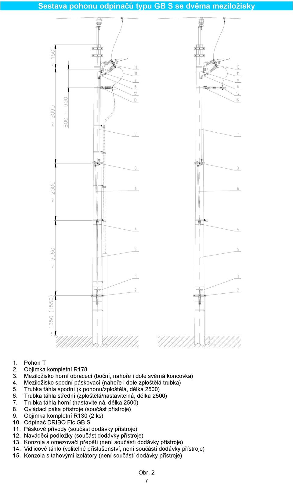 Trubka táhla horní (nastavitelná, délka 2500) 8. Ovládací páka přístroje (součást přístroje) 9. Objímka kompletní R130 (2 ks) 10. Odpínač DRIBO Flc GB S 11.