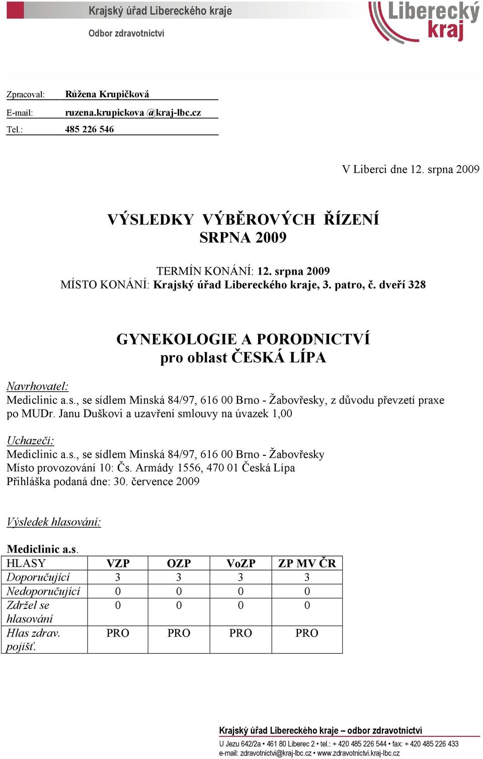 dveří 328 GYNEKOLOGIE A PORODNICTVÍ pro oblast ČESKÁ LÍPA Mediclinic a.s., se sídlem Minská 84/97, 616 00 Brno - Žabovřesky, z důvodu převzetí praxe po MUDr.