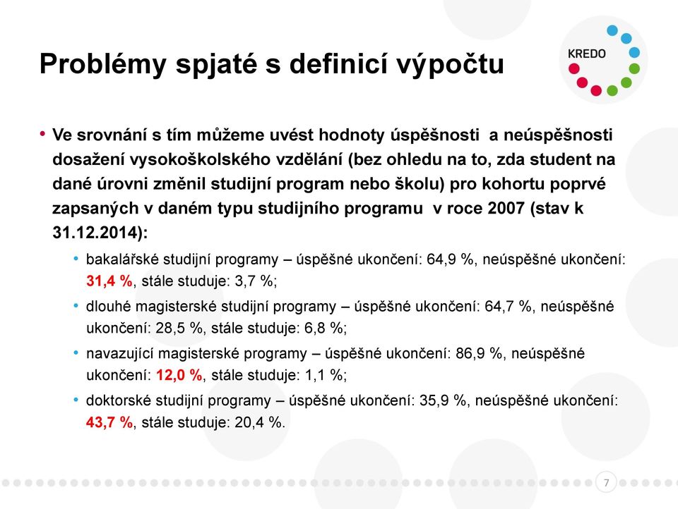 2014): bakalářské studijní programy úspěšné ukončení: 64,9 %, neúspěšné ukončení: 31,4 %, stále studuje: 3,7 %; dlouhé magisterské studijní programy úspěšné ukončení: 64,7 %, neúspěšné