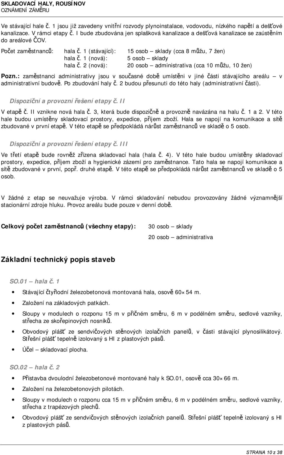 1 (nová): 5 osob sklady hala č. 2 (nová): 20 osob administrativa (cca 10 můžu, 10 žen) Pozn.