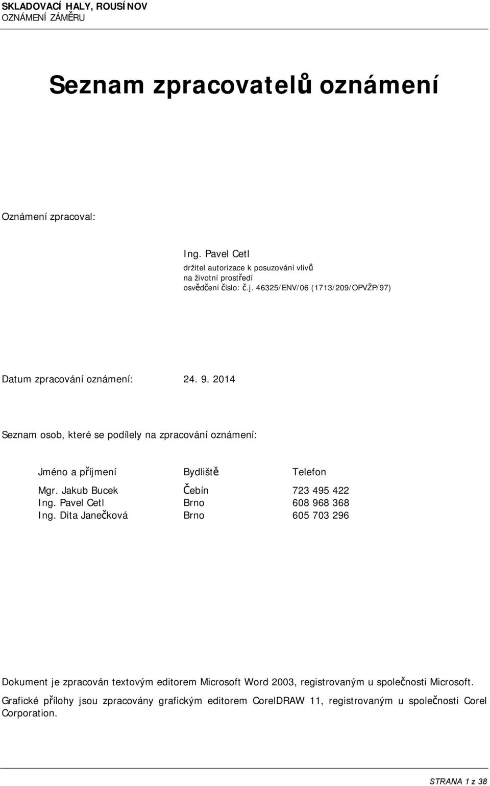 2014 Seznam osob, které se podílely na zpracování oznámení: Jméno a příjmení Bydliště Telefon Mgr. Jakub Bucek Čebín 723 495 422 Ing.