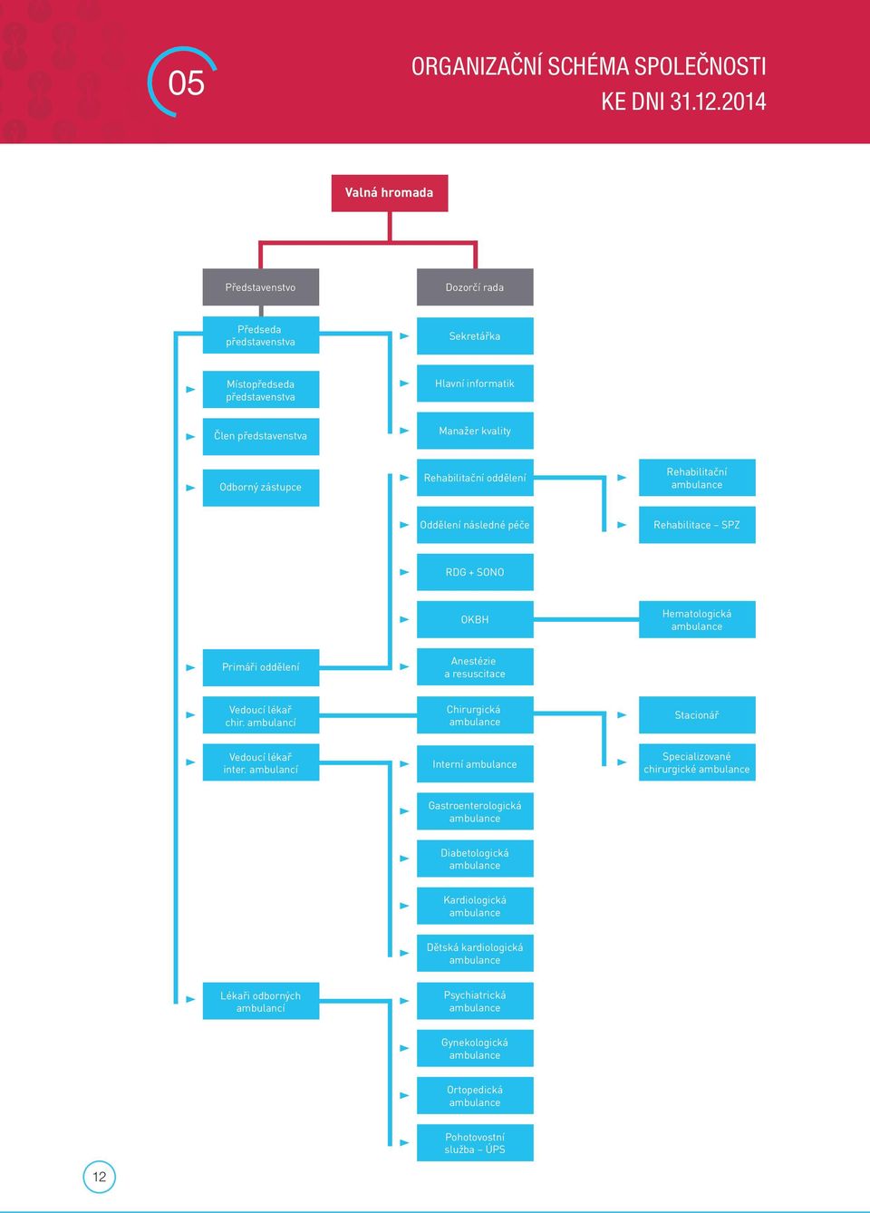 2014 Valná hromada Představenstvo Dozorčí rada Předseda představenstva Sekretářka Místopředseda představenstva Hlavní informatik Člen představenstva Manažer kvality Odborný zástupce Rehabilitační