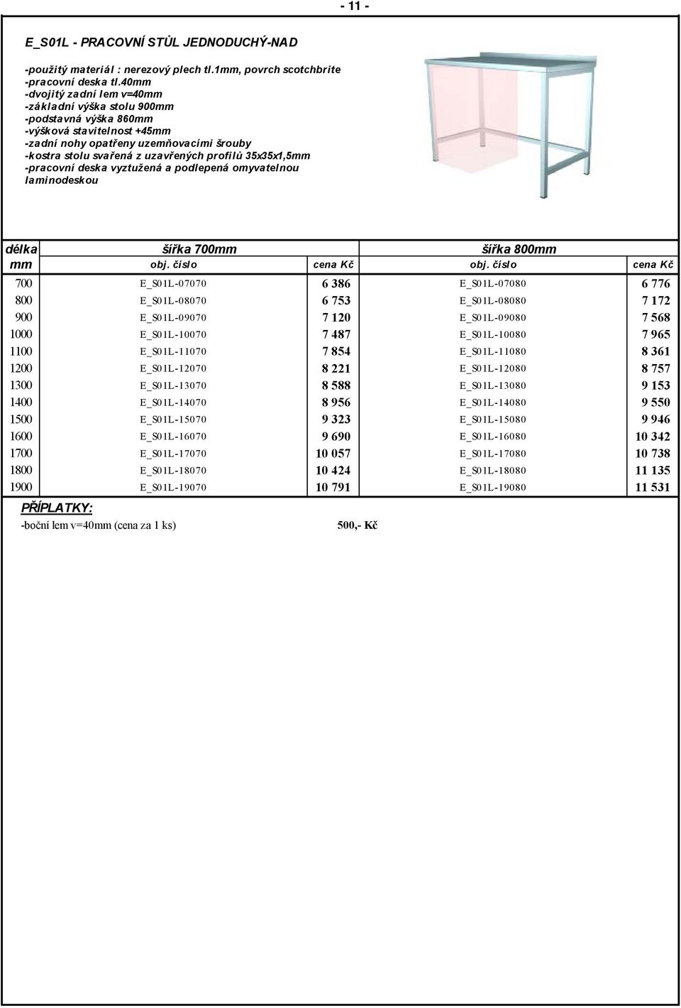 800 900 1000 1100 1300 šířka 700 šířka 800 obj. číslo cena Kč obj.