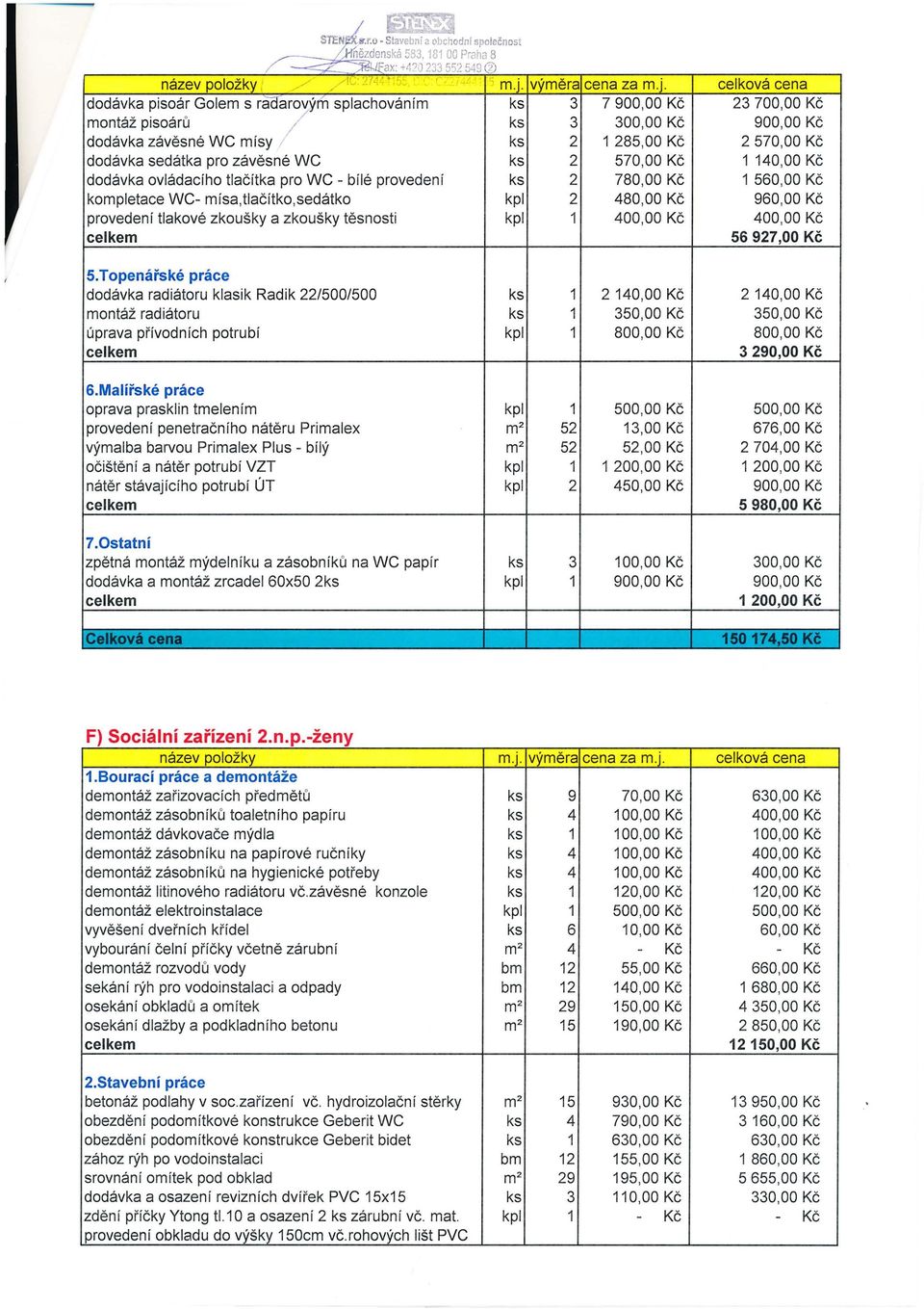 Topenářské práce dodávka radiátoru klasik Radik 22/500/500 ks 2 140,00 Kč 2 140,00 Kč montáž radiátoru ks 350,00 Kč 350,00 Kč úprava p ř ívodních potrubí k pl 800,00 Kč 800,00 Kč 3 290 Kč 6.