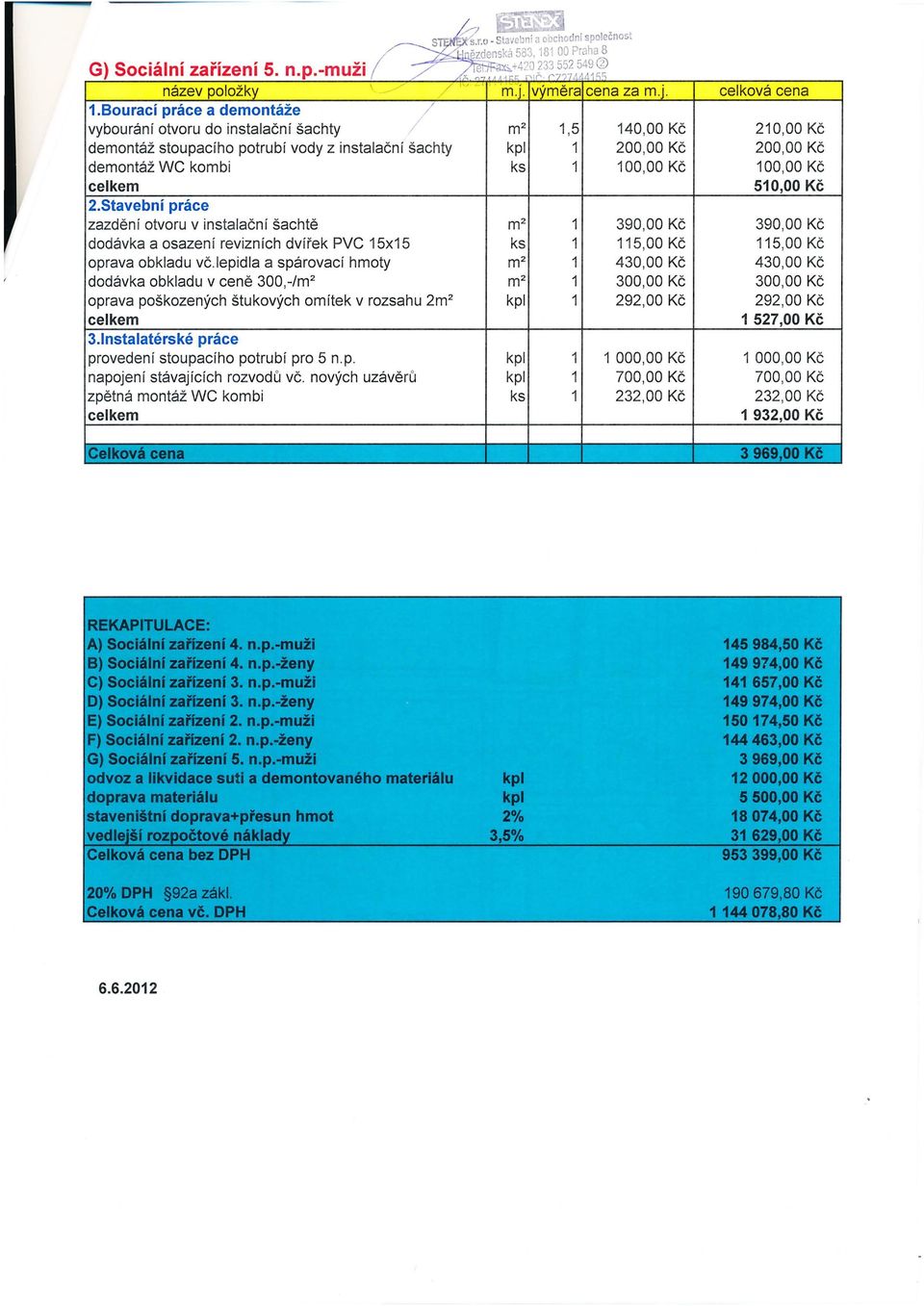 100,00 Kč 100,00 Kč 510,00 Kč 2.Stavební práce zazdění otvoru v ins talačn í šachtě m2 1 390,00 Kč 390,00 Kč dodávka a osazení revizních dví řek PVC 15x15 ks 1 115, 00Kč 115, 00Kč oprava obkladu vč.