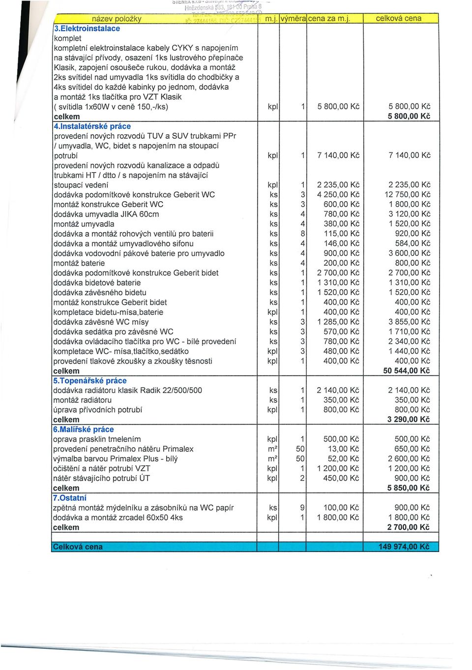 provedení nových rozvodů TUV a SUV trubkami PPr I umyvadla, WC, bidet s napojením na stoupací potrubí k pl 7 140,00 Kč 7 140,00 Kč provedení nových rozvod ů kanalizace a odpad ů trubkami HT I dtto I