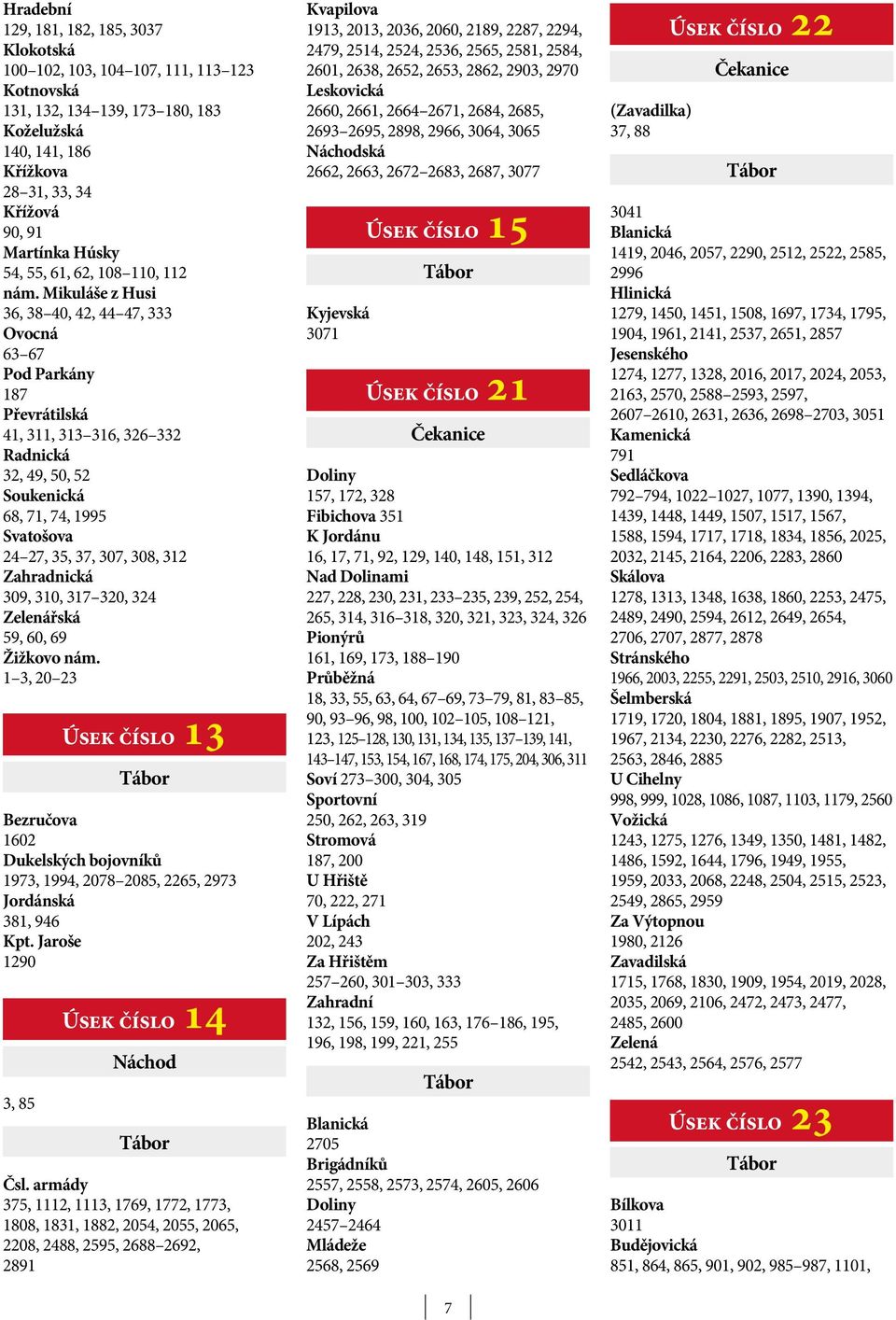 Mikuláše z Husi 36, 38 40, 42, 44 47, 333 Ovocná 63 67 Pod Parkány 187 Převrátilská 41, 311, 313 316, 326 332 Radnická 32, 49, 50, 52 Soukenická 68, 71, 74, 1995 Svatošova 24 27, 35, 37, 307, 308,