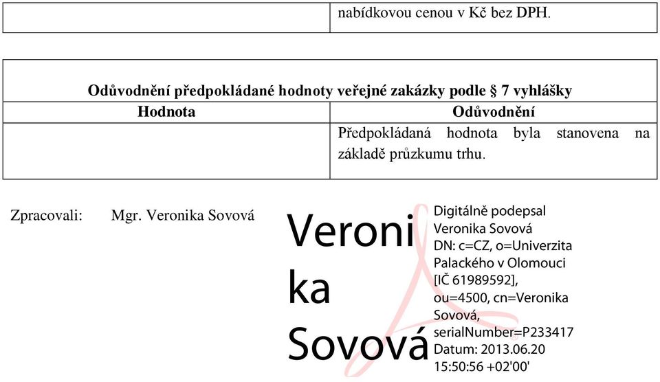 podle 7 vyhlášky Hodnota Odůvodnění Předpokládaná