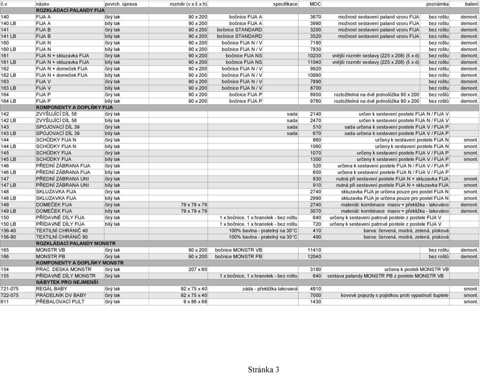 141 FIJA B čirý lak 90 x 200 bočnice STANDARD 3200 možnost sestavení paland vzoru FIJA bez roštu demont.