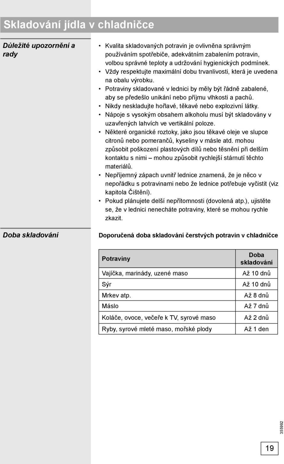 Potraviny skladované v lednici by měly být řádně zabalené, aby se předešlo unikání nebo příjmu vlhkosti a pachů. Nikdy neskladujte hořlavé, těkavé nebo explozivní látky.