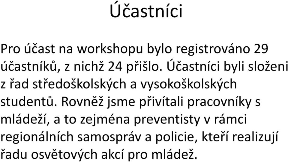 Účastníci byli složeni z řad středoškolských a vysokoškolských studentů.