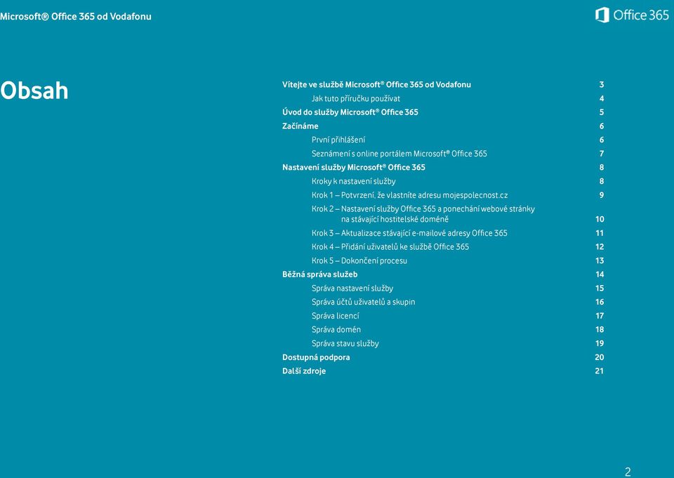 cz 9 Krok 2 Nastavení služby Office 365 a ponechání webové stránky na stávající hostitelské doméně 10 Krok 3 Aktualizace stávající e-mailové adresy Office 365 11 Krok 4 Přidání uživatelů ke