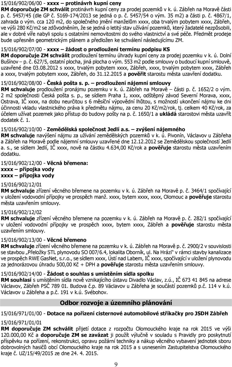 cca 120 m2, do společného jmění manželům xxxx, oba trvalým pobytem xxxx, Zábřeh, ve výši 280 Kč/m2 se zdůvodněním, že se jedná o letitý stav užívání pozemků, který žadatelé nezpůsobili, ale v dobré