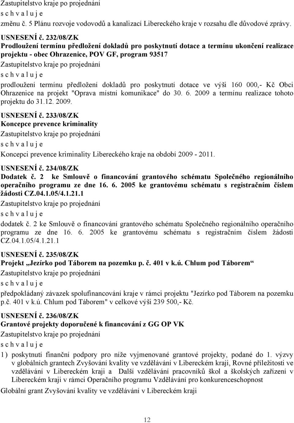 poskytnutí dotace ve výši 160 000,- Kč Obci Ohrazenice na projekt "Oprava místní komunikace" do 30. 6. 2009 a termínu realizace tohoto projektu do 31.12. 2009. USNESENÍ č.