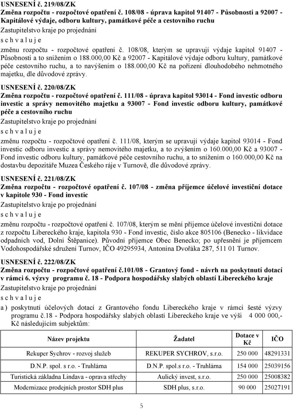 108/08, kterým se upravují výdaje kapitol 91407 - Působnosti a to snížením o 188.000,00 Kč a 92007 - Kapitálové výdaje odboru kultury, památkové péče cestovního ruchu, a to navýšením o 188.