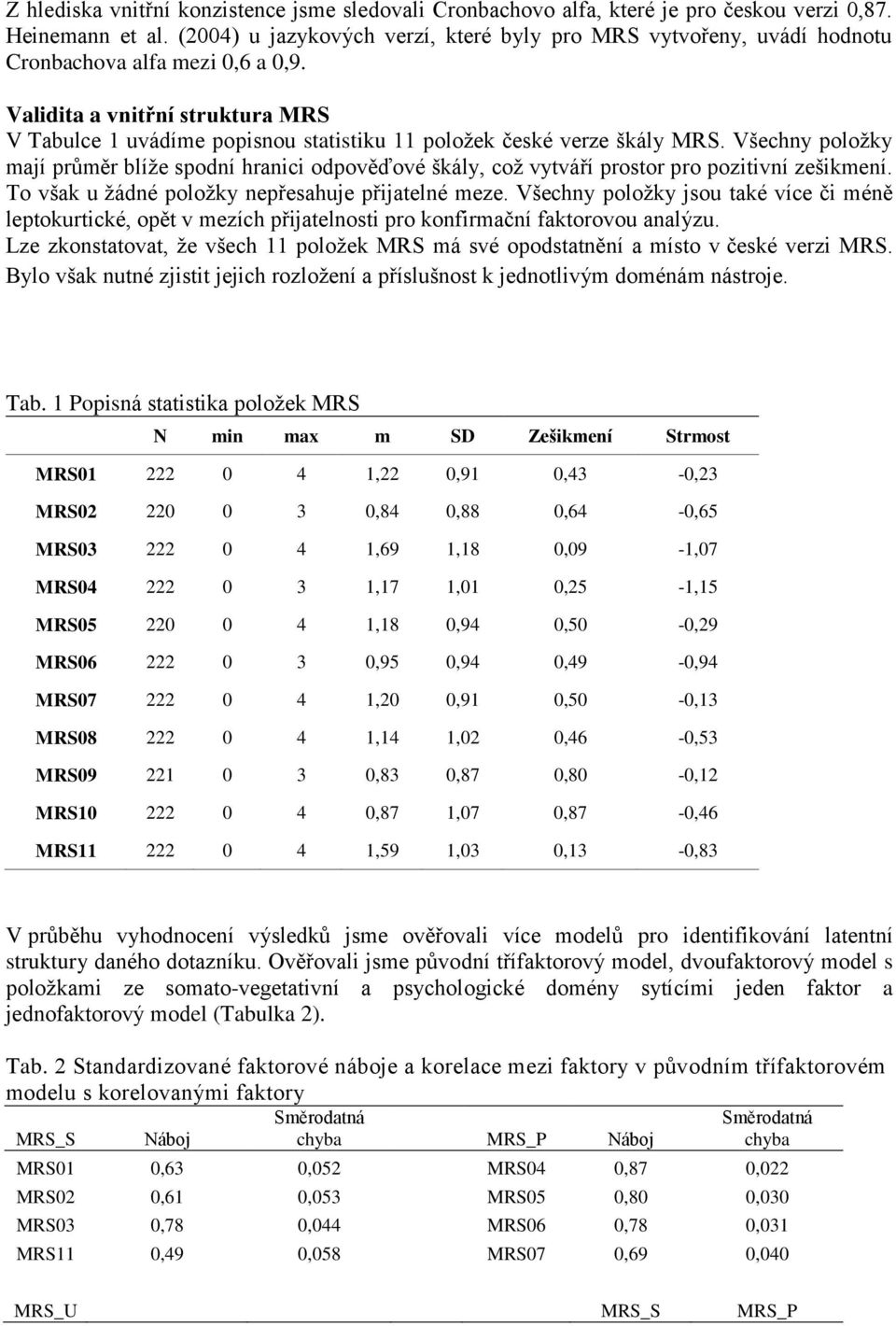Validita a vnitřní struktura MRS V Tabulce 1 uvádíme popisnou statistiku 11 položek české verze škály MRS.