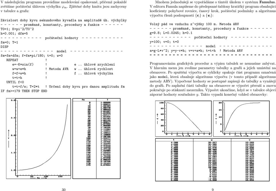 DISP - - - - - - - - - - - - - - model - - - - - - - - - - - - - - fm=fm+dfm f=fm*pi/180 t=0 w=0 REPEAT! e=-k*sin(f)! e úhlové zrychlení w=w+e*h! Metoda AVR w úhlová rychlost f=f+w*h!