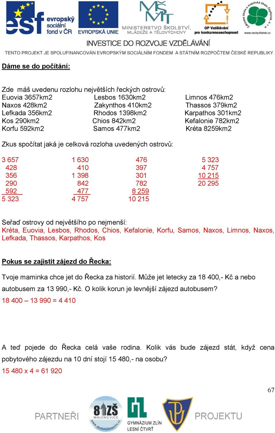 1 398 301 10 215 290 842 782 20 295 592 477 8 259 5 323 4 757 10 215 Seřaď ostrovy od největšího po nejmenší: Kréta, Euovia, Lesbos, Rhodos, Chios, Kefalonie, Korfu, Samos, Naxos, Limnos, Naxos,