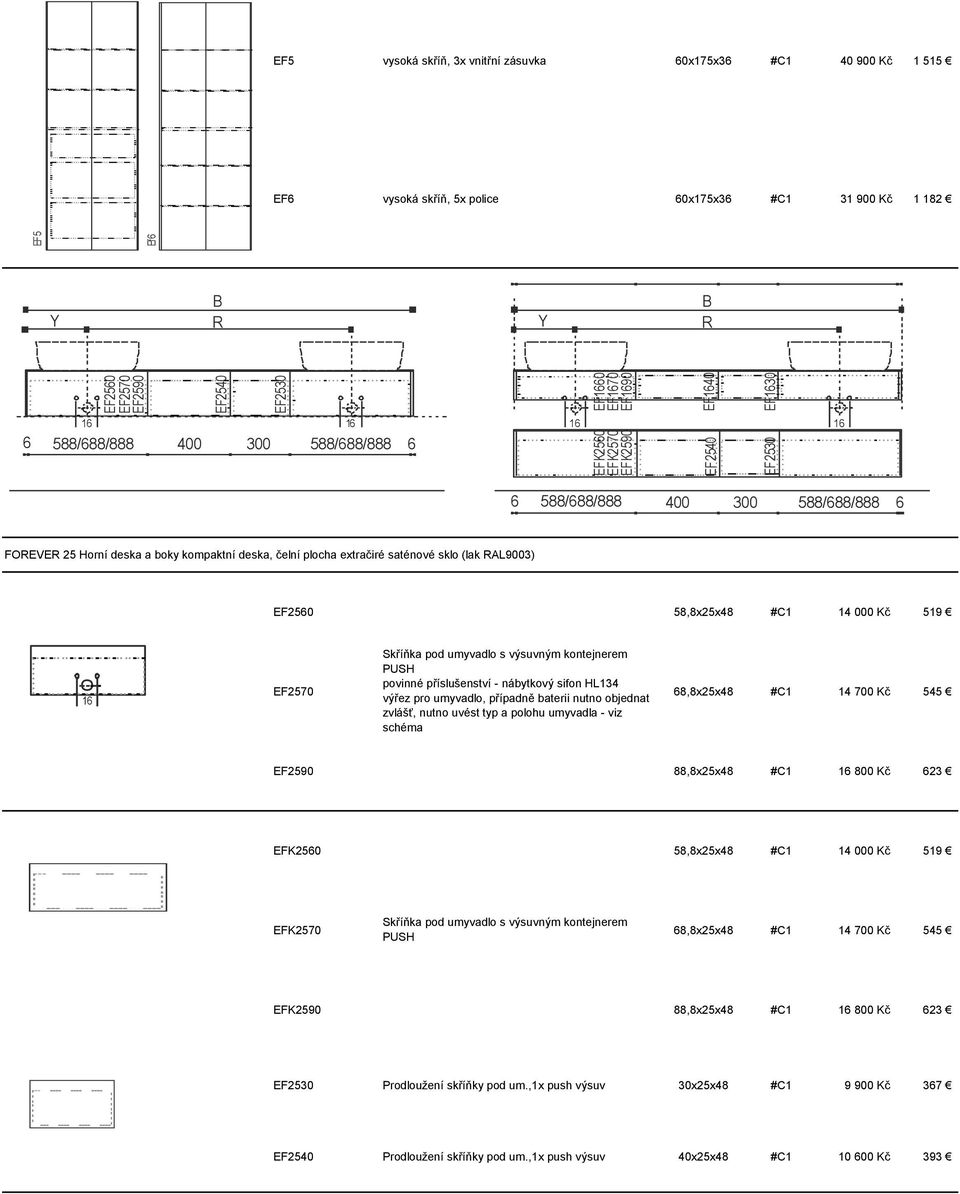 deska, čelní plocha extračiré saténové sklo (lak RAL9003) EF2560 58,8x25x48 #C1 14 000 Kč 519 16 Skříňka pod umyvadlo s výsuvným kontejnerem PUSH EF2570 povinné příslušenství - nábytkový sifon HL134