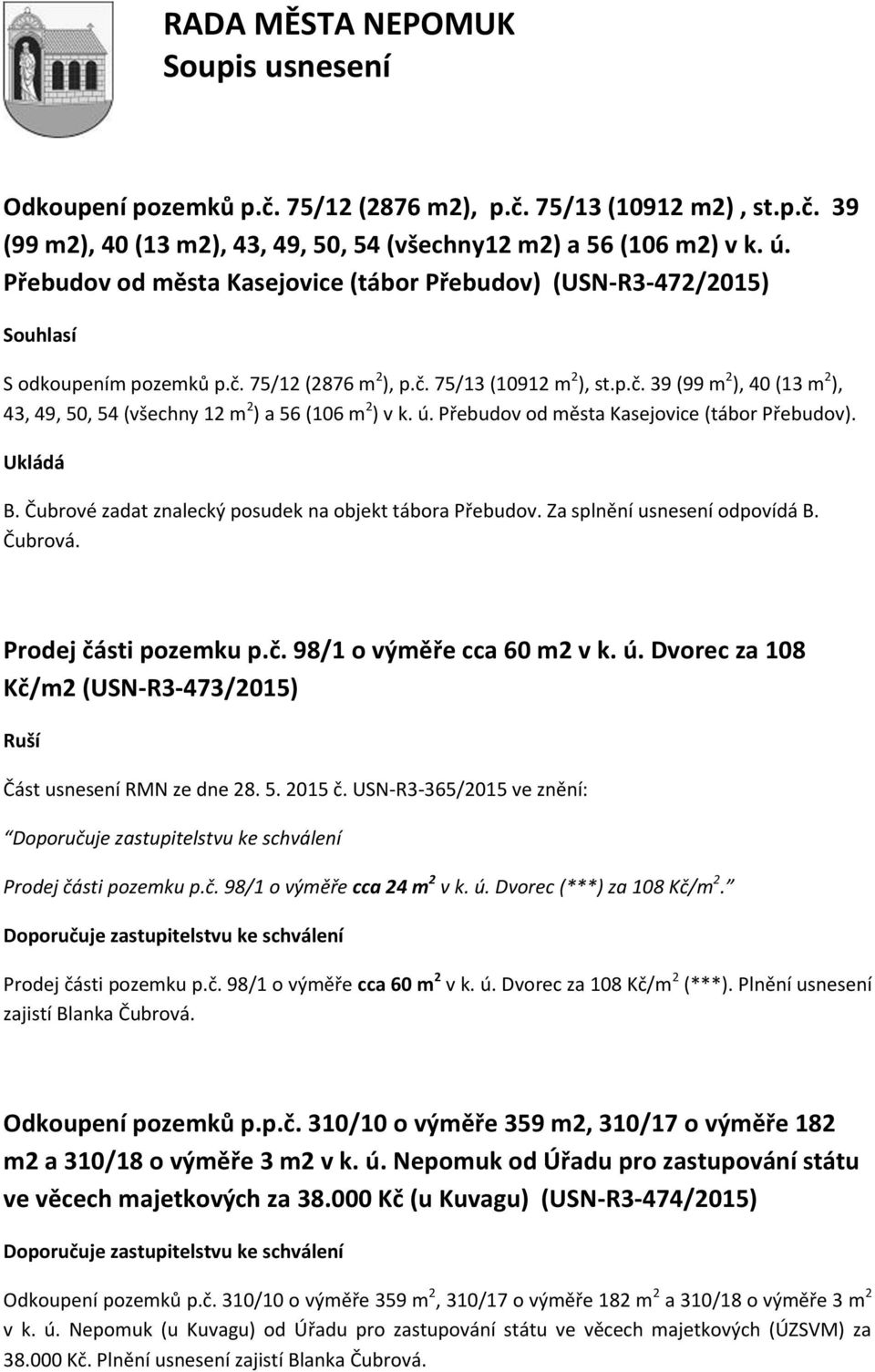 ú. Přebudov od města Kasejovice (tábor Přebudov). Ukládá B. Čubrové zadat znalecký posudek na objekt tábora Přebudov. Za splnění usnesení odpovídá B. Čubrová. Prodej části pozemku p.č. 98/1 o výměře cca 60 m2 v k.
