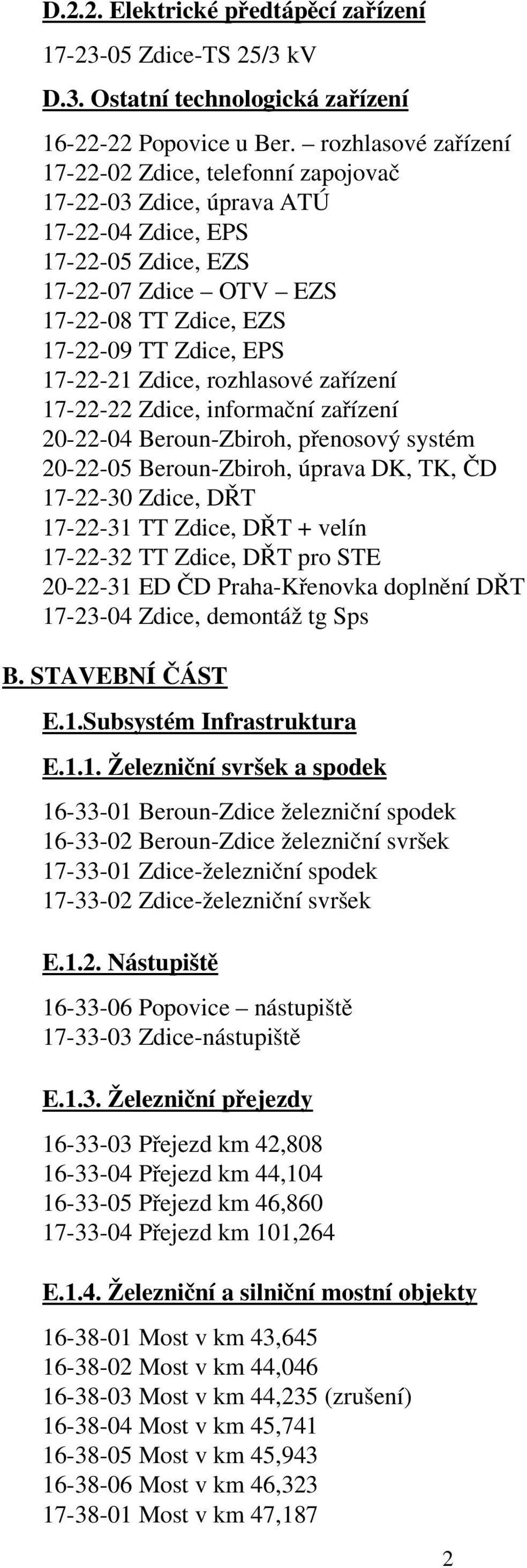 21 Zdice, rozhlasové zařízení 17 22 22 Zdice, informační zařízení 20 22 04 Beroun Zbiroh, přenosový systém 20 22 05 Beroun Zbiroh, úprava DK, TK, ČD 17 22 30 Zdice, DŘT 17 22 31 TT Zdice, DŘT + velín