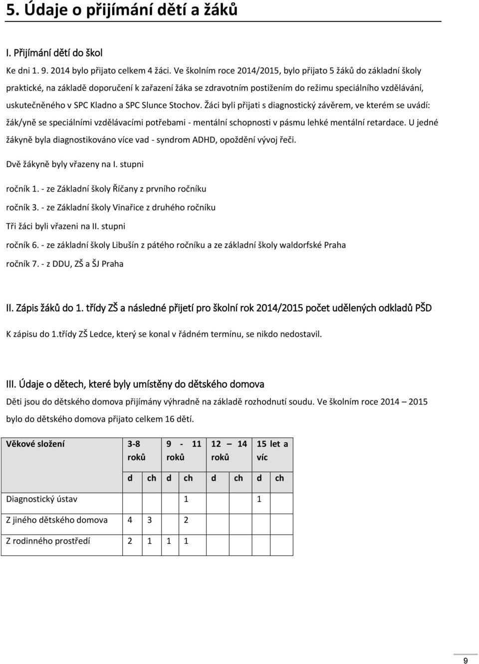 a SPC Slunce Stochov. Žáci byli přijati s diagnostický závěrem, ve kterém se uvádí: žák/yně se speciálními vzdělávacími potřebami - mentální schopnosti v pásmu lehké mentální retardace.