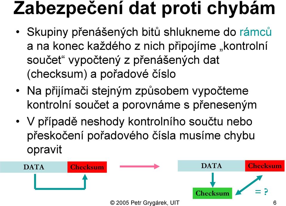 způsobem vypočteme kontrolní součet a porovnáme s přeneseným V případě neshody kontrolního součtu nebo