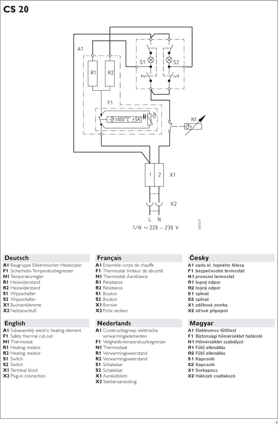 Netzanschluß English A1 Subassembly electric heating element F1 Safety thermal cut-out N1 Thermostat R1 Heating resistor R2 Heating resistor S1 Switch S2 Switch X1 Terminal block X2 Plug-in