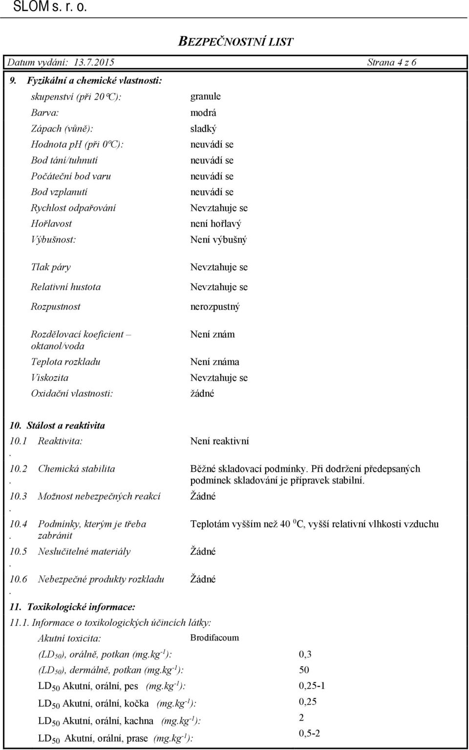 výbušný nerozpustný Není znám Není známa žádné 10 Stálost a reaktivita 101 Reaktivita: 102 Chemická stabilita 103 Možnost nebezpečných reakcí 104 105 106 Podmínky, kterým je třeba zabránit