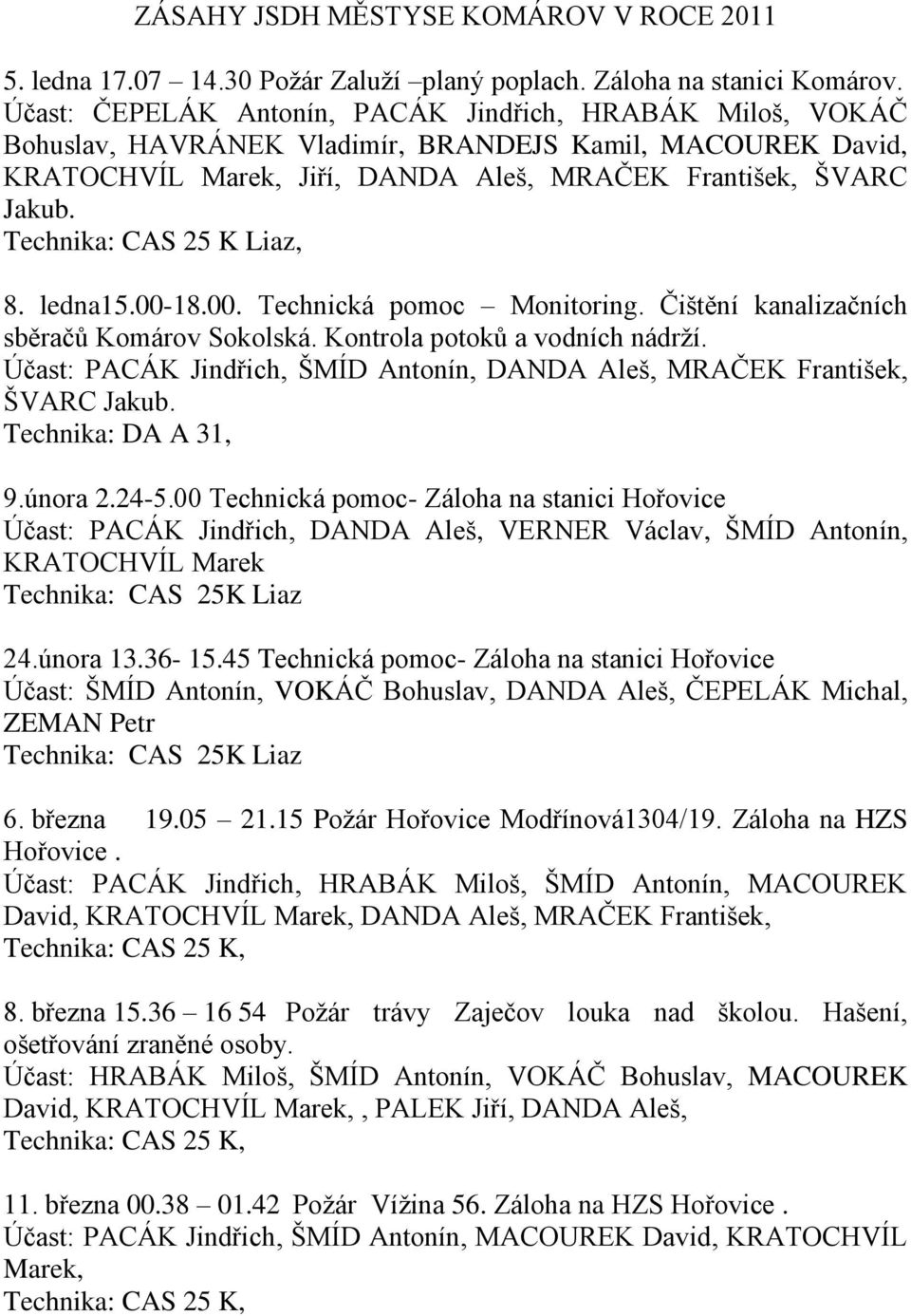 Technika: CAS 25 K Liaz, 8. ledna15.00-18.00. Technická pomoc Monitoring. Čištění kanalizačních sběračů Komárov Sokolská. Kontrola potoků a vodních nádrţí.