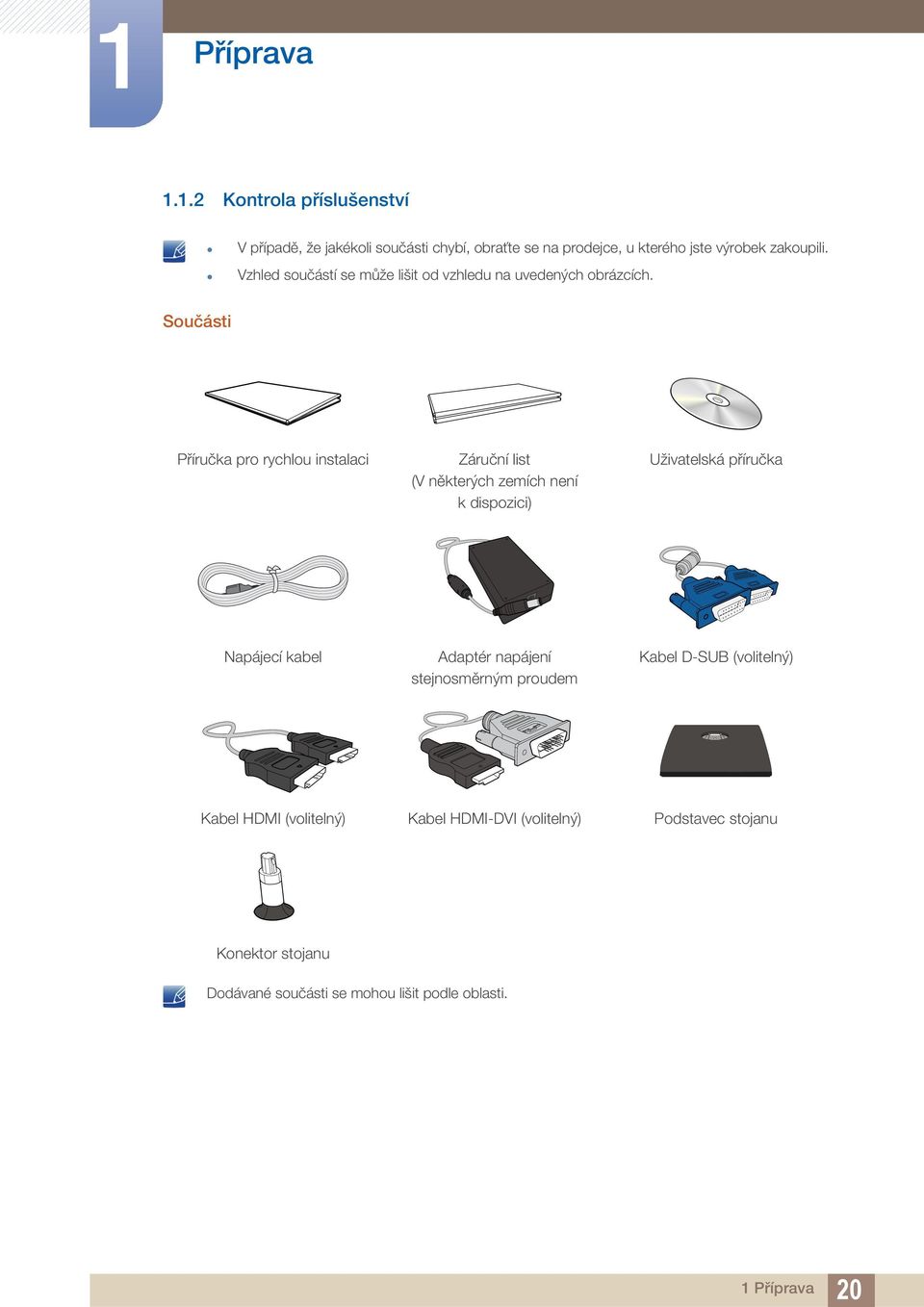 Součásti Příručka pro rychlou instalaci Záruční list (V některých zemích není kdispozici) Uživatelská příručka Napájecí kabel Adaptér