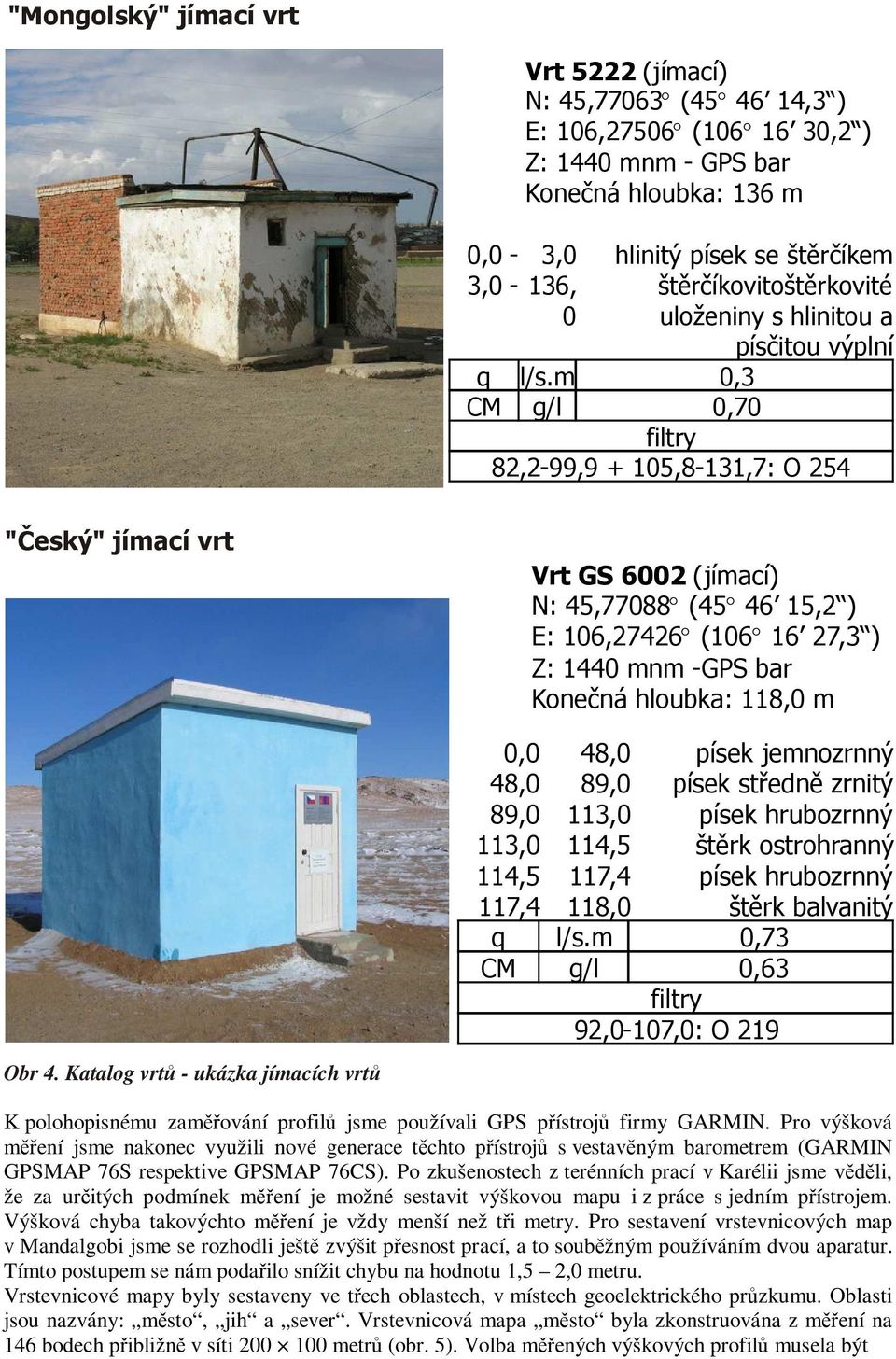 m 0,3 CM g/l 0,70 filtry 82,2-99,9 + 105,8-131,7: O 254 "Český" jímací vrt Vrt GS 6002 (jímací) N: 45,77088 (45 46 15,2 ) E: 106,27426 (106 16 27,3 ) Z: 1440 mnm -GPS bar Konečná hloubka: 118,0 m 0,0