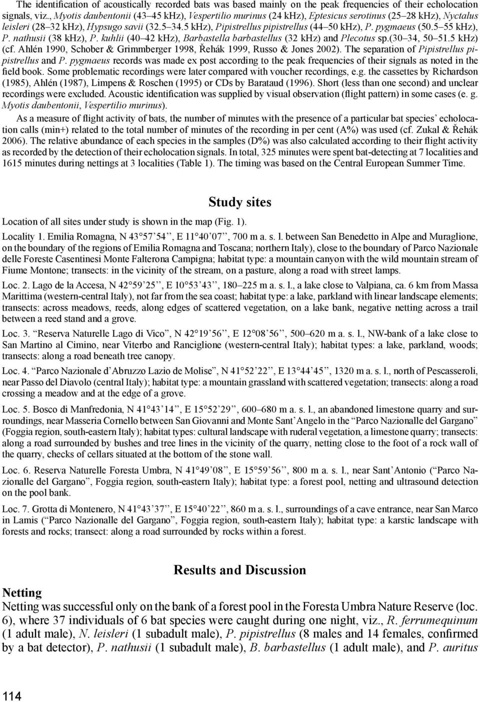 pygmaeus (50.5 55 khz), P. nathusii (38 khz), P. kuhlii (40 42 khz), Barbastella barbastellus (32 khz) and Plecotus sp.(30 34, 50 51.5 khz) (cf.