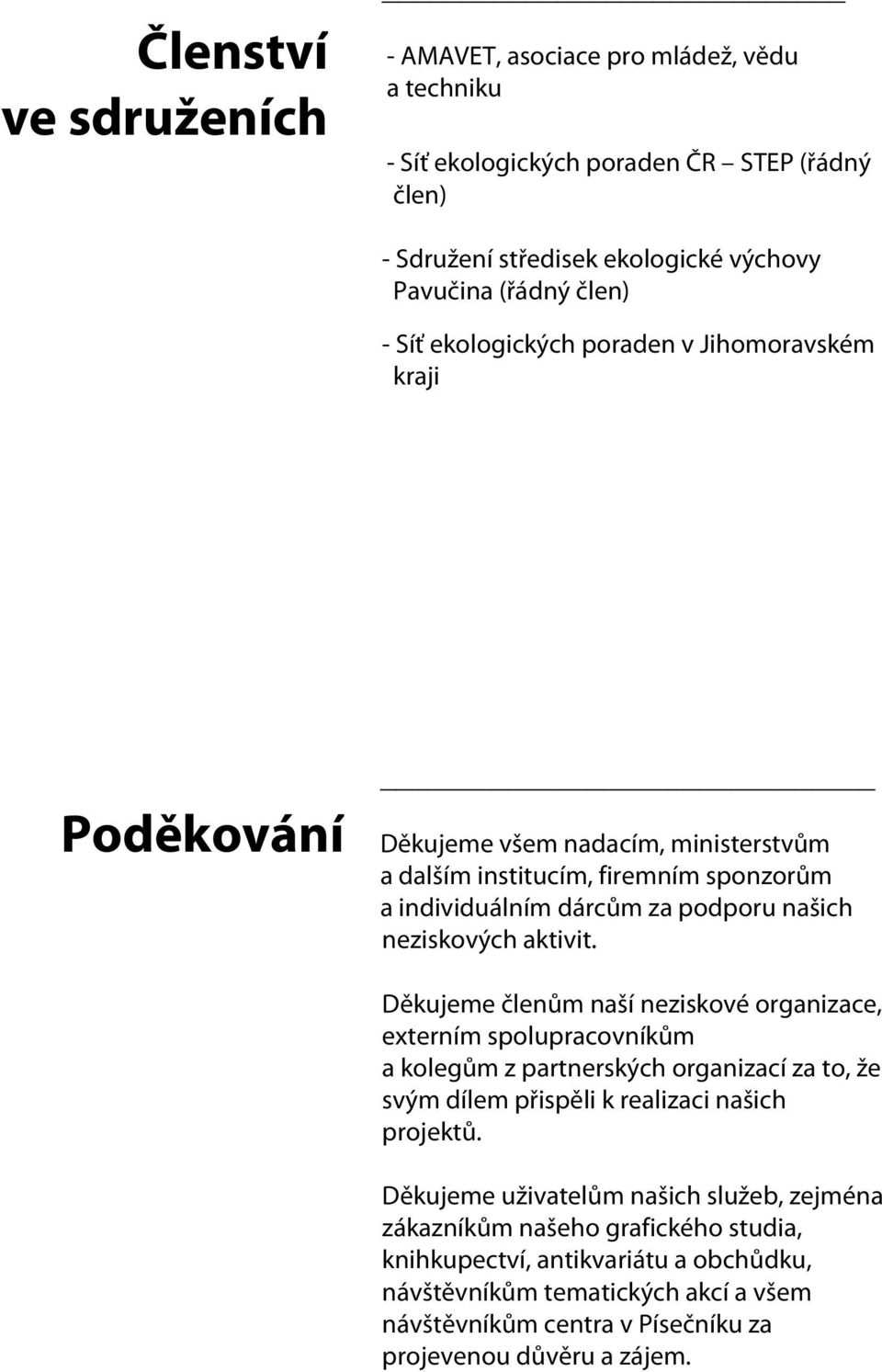 aktivit. Děkujeme členům naší neziskové organizace, externím spolupracovníkům a kolegům z partnerských organizací za to, že svým dílem přispěli k realizaci našich projektů.