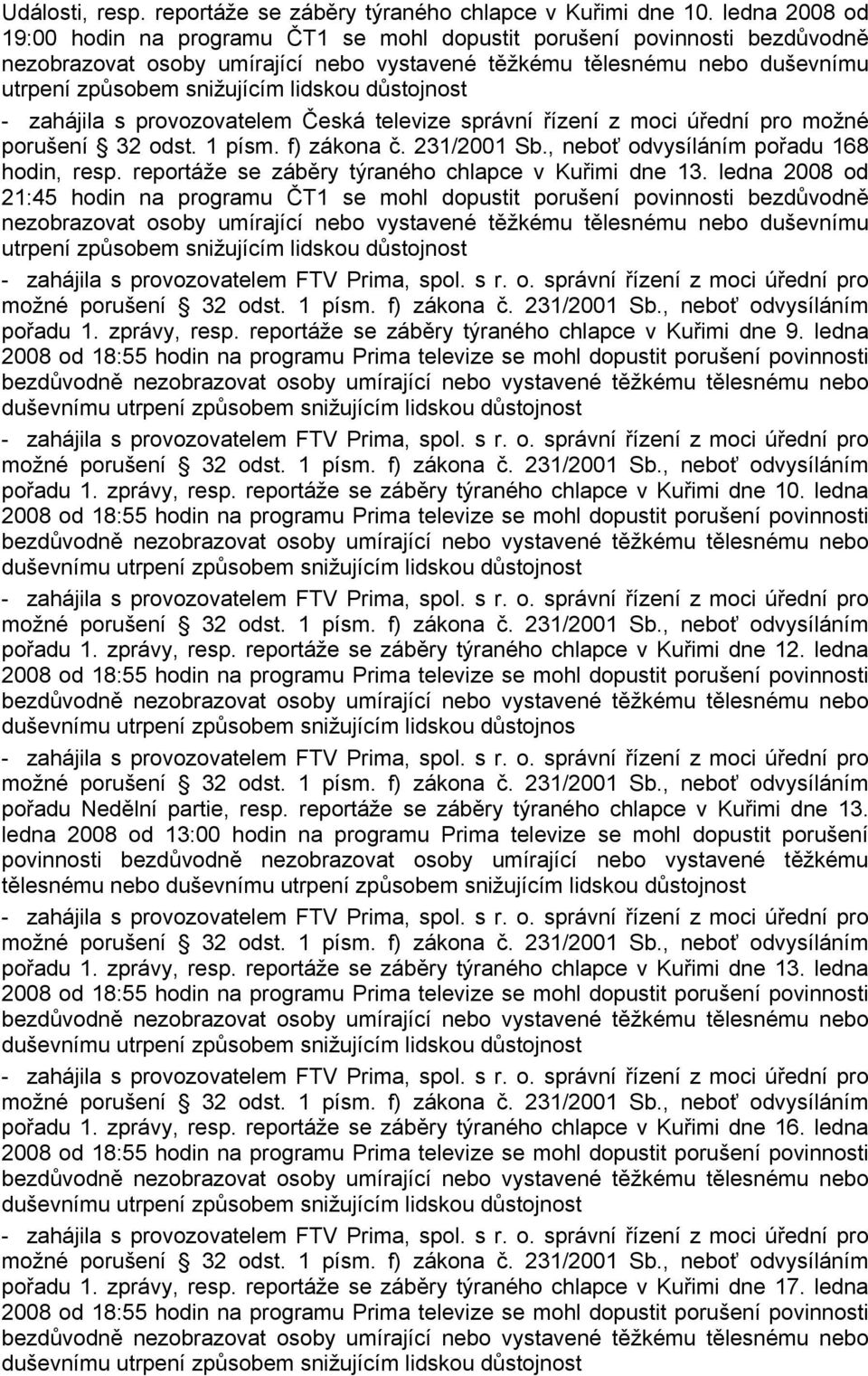 lidskou důstojnost porušení 32 odst. 1 písm. f) zákona č. 231/2001 Sb., neboť odvysíláním pořadu 168 hodin, resp. reportáže se záběry týraného chlapce v Kuřimi dne 13.