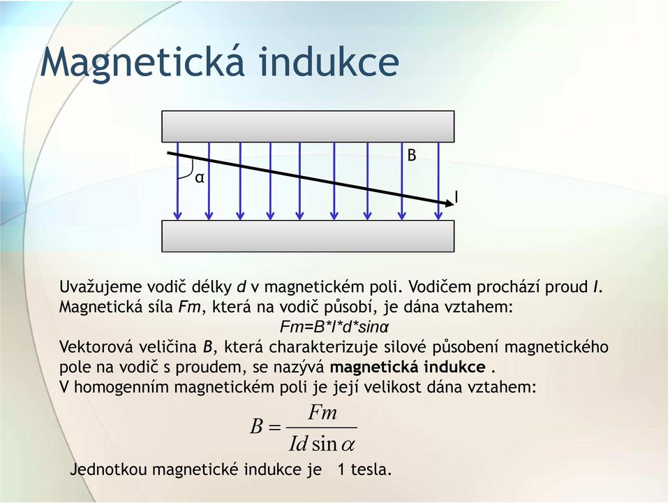 charakterizuje silové působení magnetického pole na vodič s proudem, se nazývá magnetická indukce.