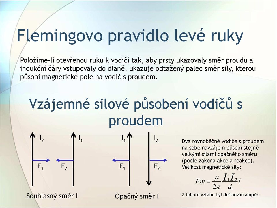 Vzájemné silové působení vodičů s proudem I 2 I 1 I 1 I 2 F 1 F 2 F 1 F 2 Souhlasný směr I Opačný směr I Dva rovnoběžné vodiče s