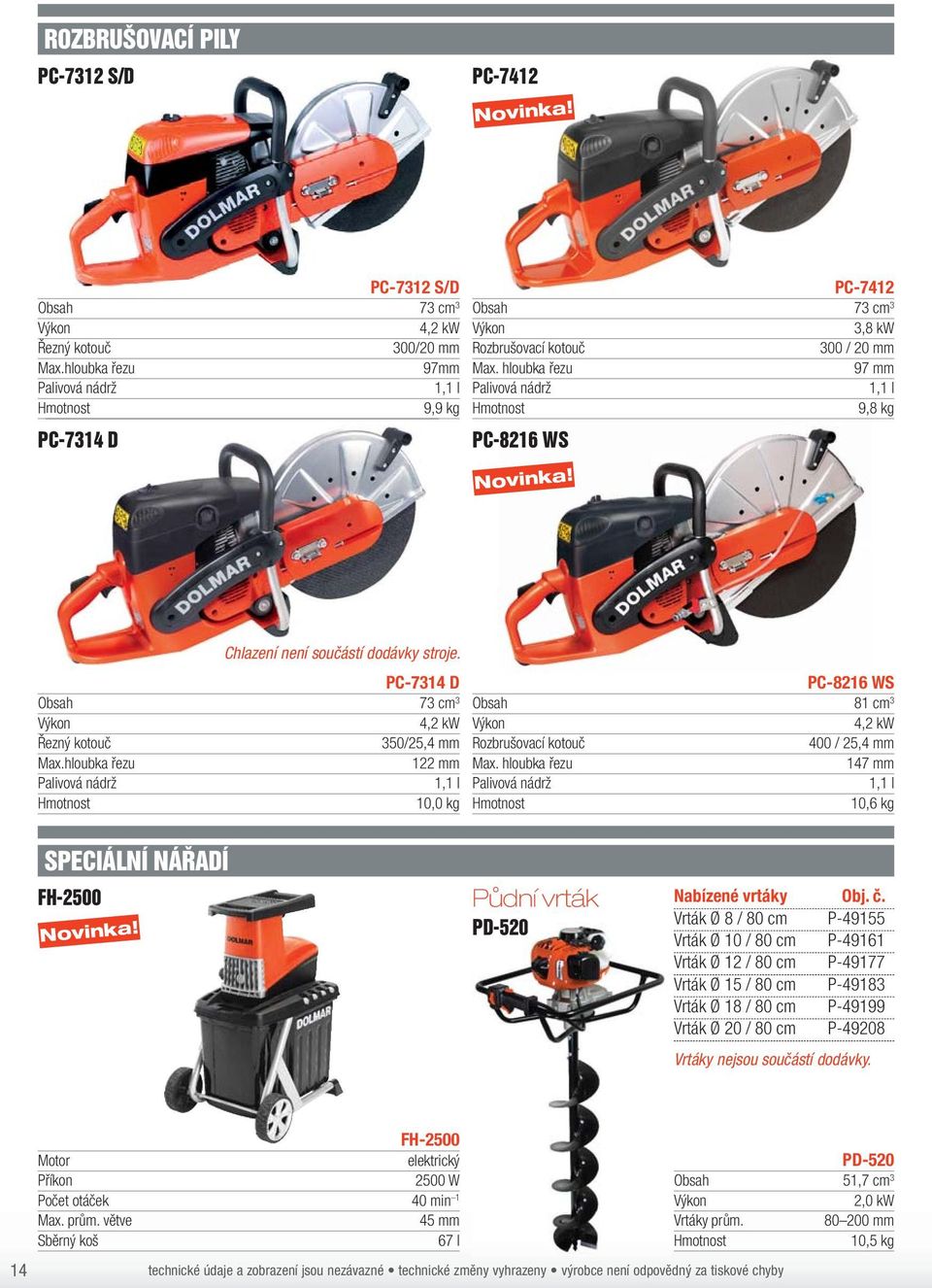PC-7314 D PC-8216 WS Obsah 73 cm 3 Obsah 81 cm 3 4,2 kw 4,2 kw Řezný kotouč 350/25,4 mm Rozbrušovací kotouč 400 / 25,4 mm ax.hloubka řezu 122 mm ax.