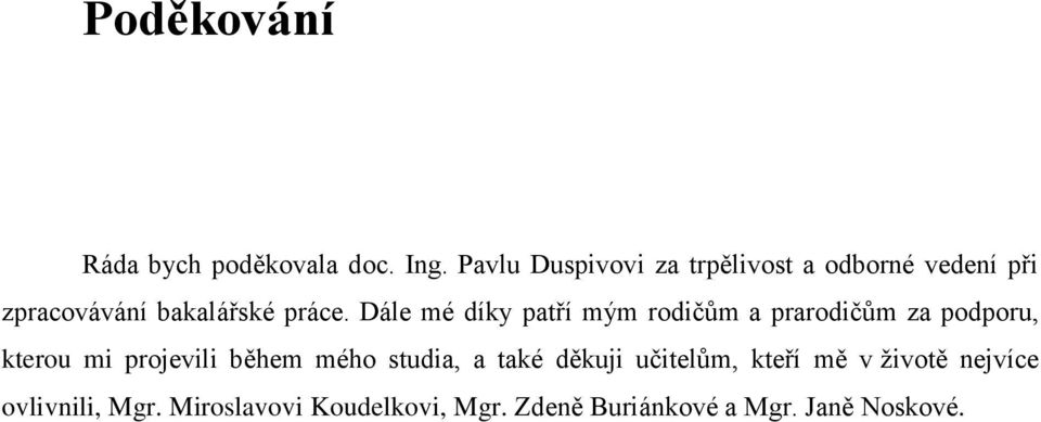 Dále mé díky patří mým rodičům a prarodičům za podporu, kterou mi projevili během mého